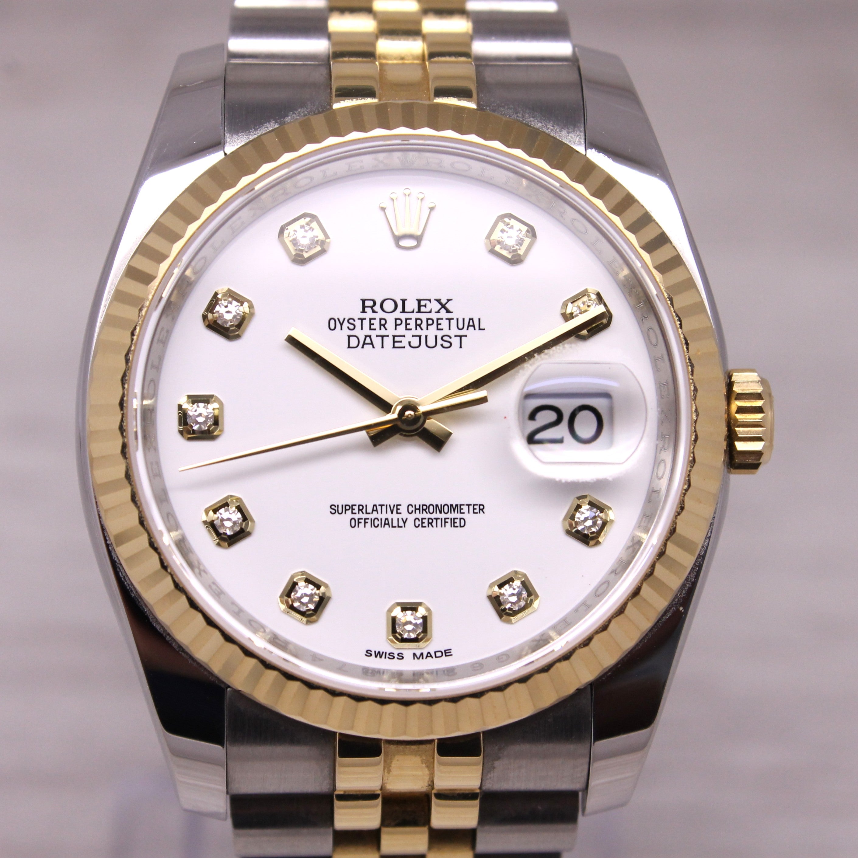 Rolex Datejust 116233 36mm 18k & Steel Automatic Watch White 10 Diamond Dial B&P