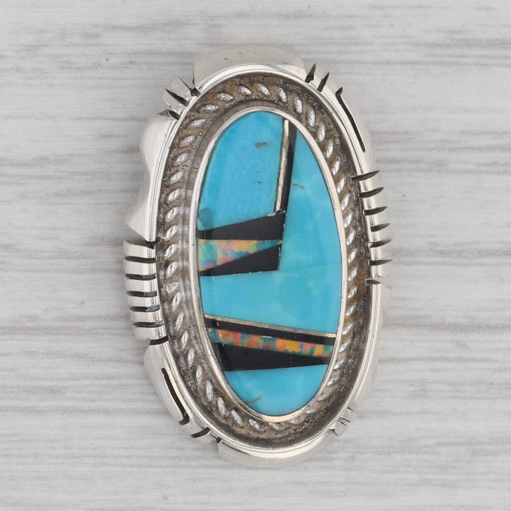 Gray Native American Turquoise Lab Created Opal Onyx Pendant Sterling Silver Vintage
