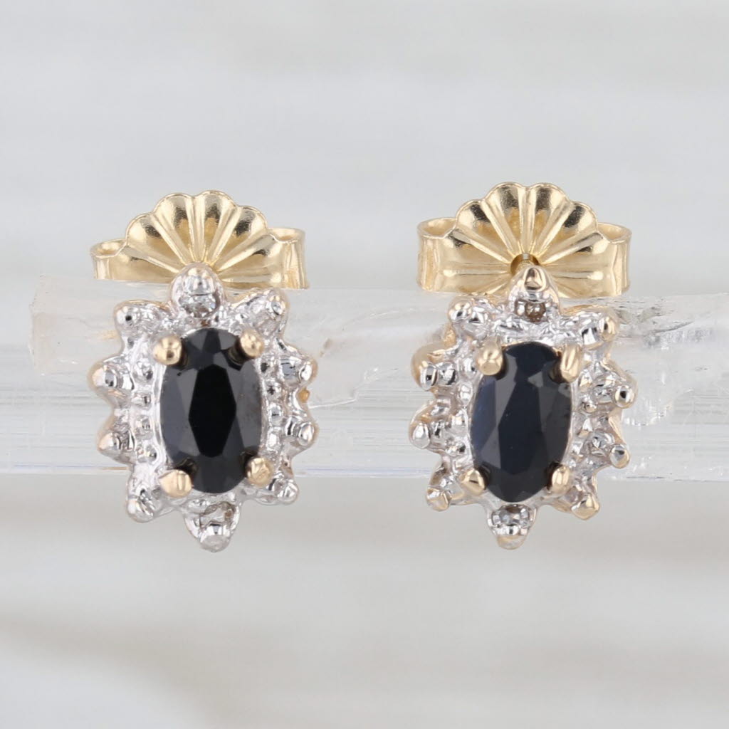 0.94ctw Blue Sapphire Diamond Halo Stud Earrings 14k Yellow Gold Small Studs