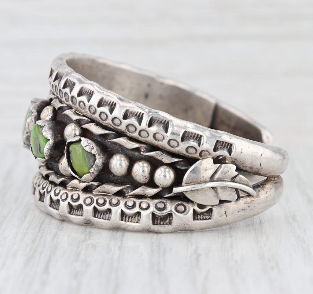 Native American Green Turquoise Cuff Bracelet Sterling Silver Vintage Artisan PJ