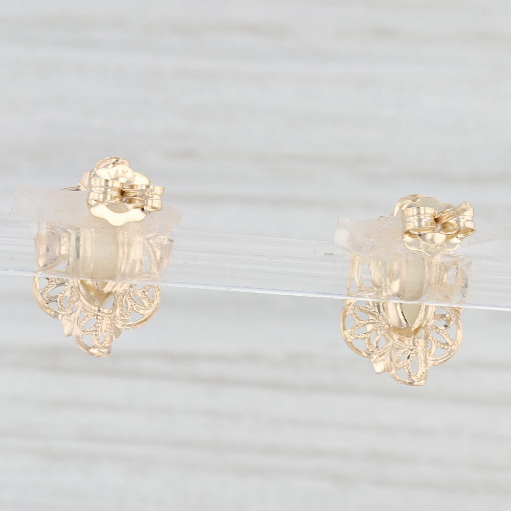 Light Gray Opal Flower Stud Earrings 14k Yellow Gold Marquise Cabochon Solitaires