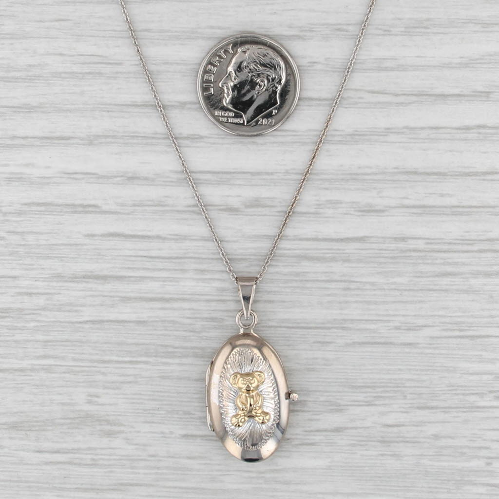 Teddy Bear Locket Pendant Necklace 14k Yellow White Gold 17.25 Cable Chain