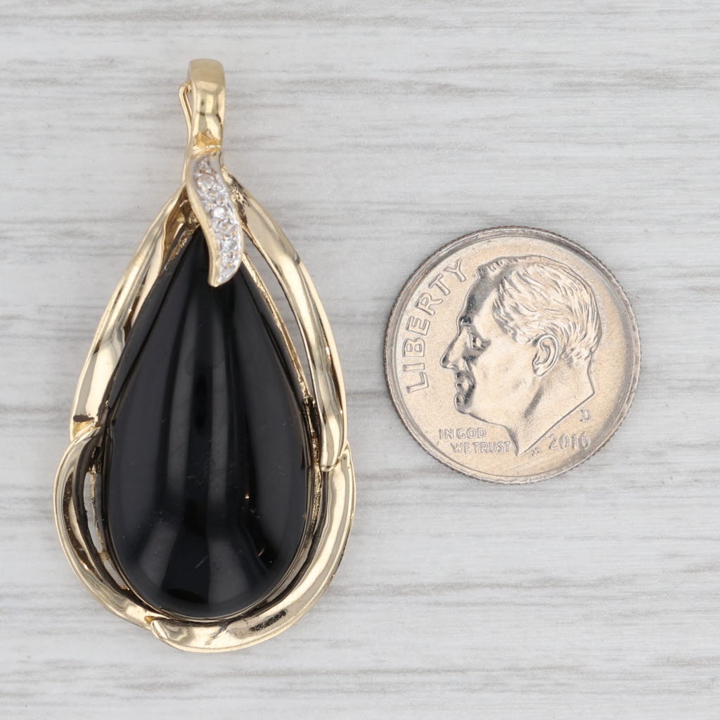 Light Gray Devitrified Black Glass Teardrop Pendant 14k Yellow Gold Diamond Accents