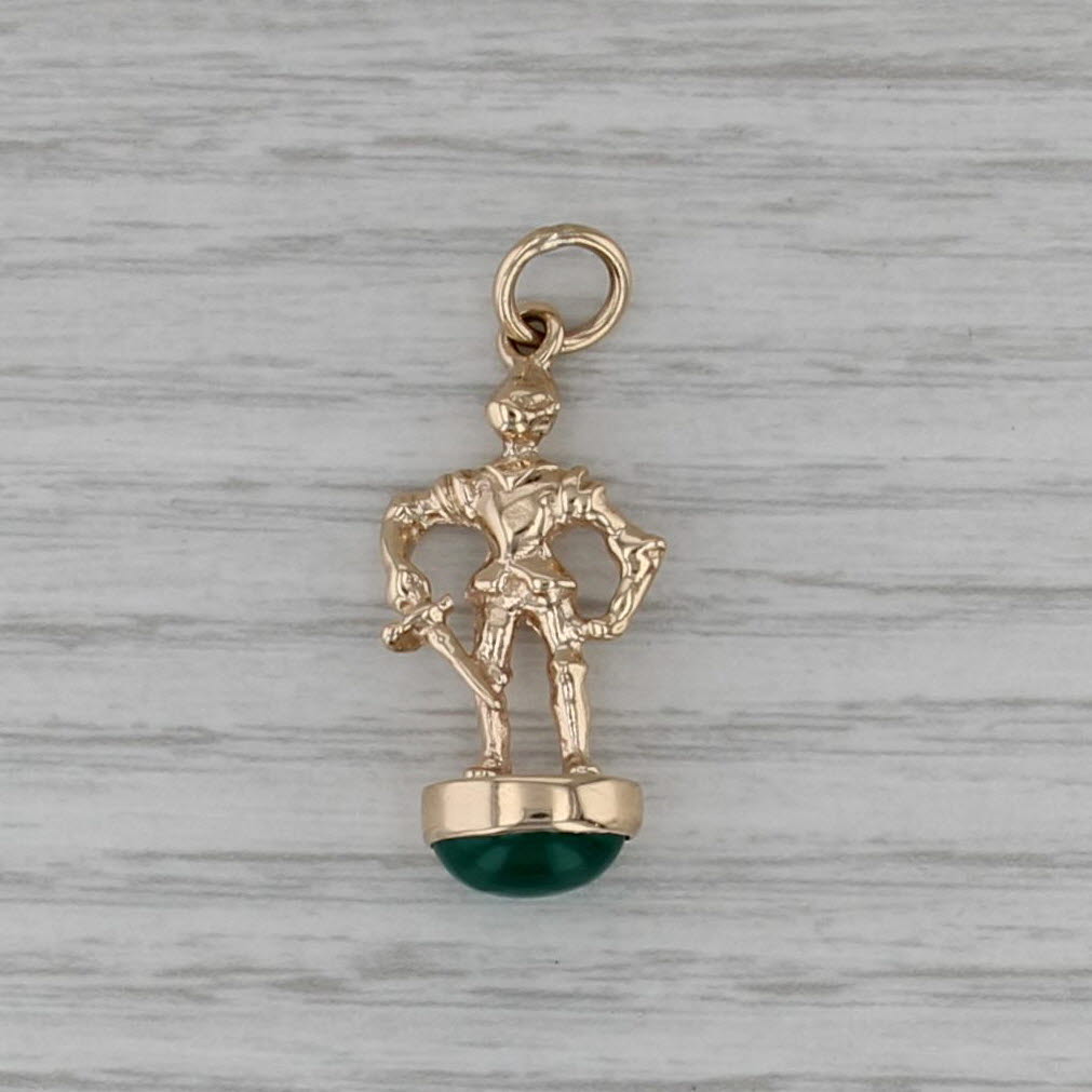 Knight with Sword on Green Chalcedony Charm 14k Yellow Gold Fob Pendant