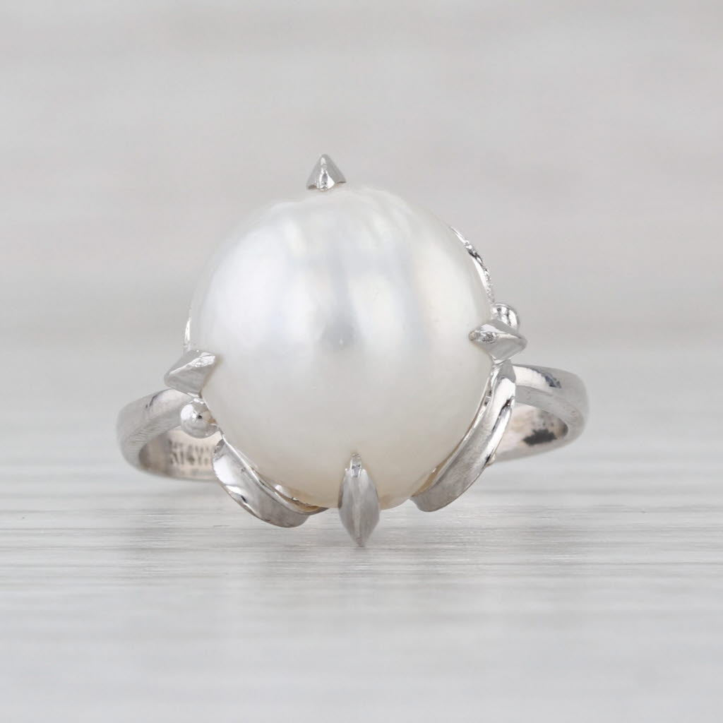 12mm Cultured Pearl Solitaire Ring 14k White Gold Size 6.75 Ornate Setting
