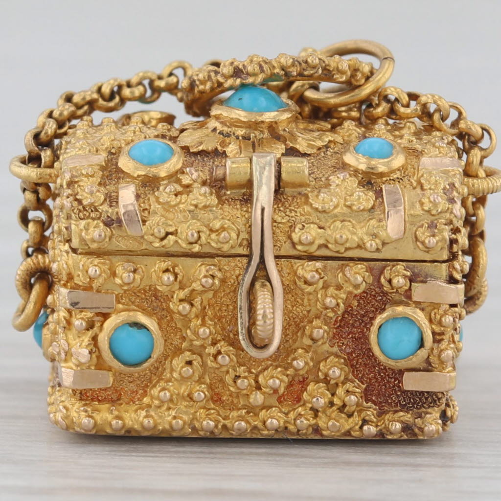 Dark Khaki Antique Bloodstone Turquoise Intaglio Treasure Chest Pendant Charm 20k Gold Open