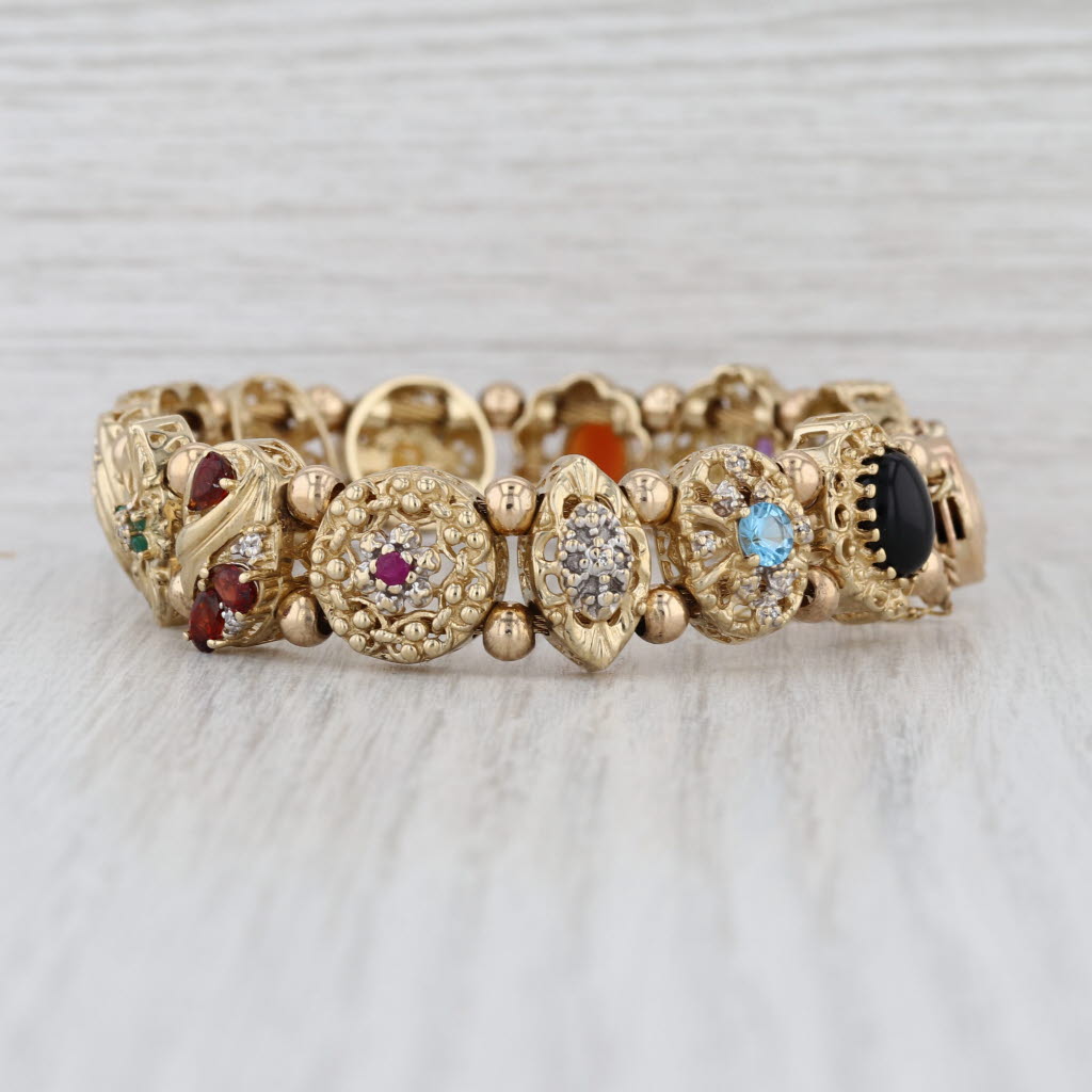 OMG Richard Klein Vintage Slide Charm Bracelet Gemstone Cameo 6.75" 14k 10k Gold