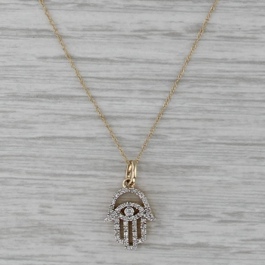 0.15ctw Diamond Hamsa Pendant Necklace 14k Yellow Gold 18" Rope Chain