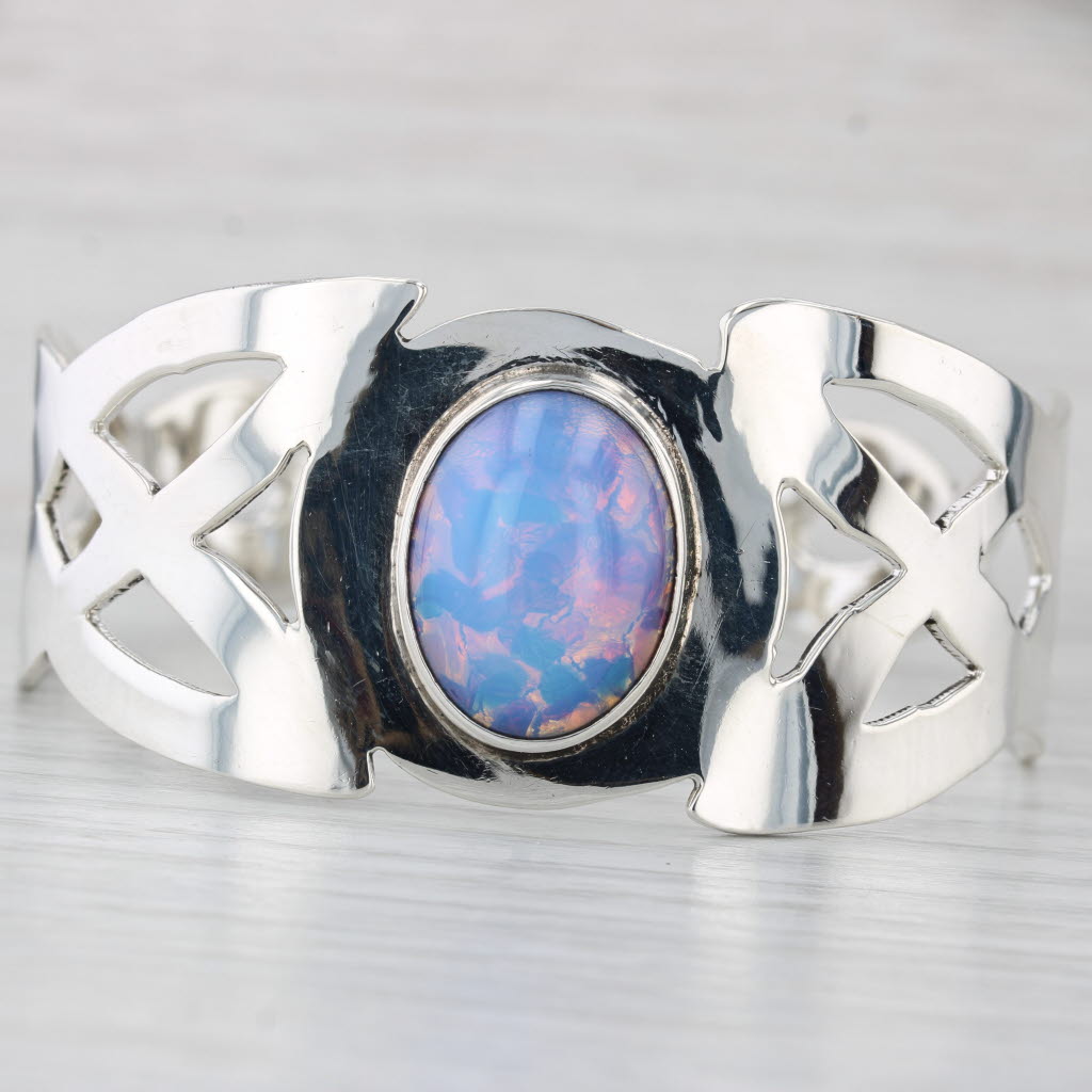 Light Gray Imitation Opal Cuff Bracelet Sterling Silver 7.25" Statement