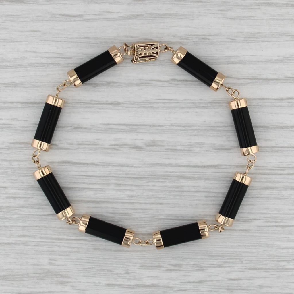 Onyx Tube Link Bracelet 14k Yellow Gold 7" 5.3mm Longevity Chinese Character