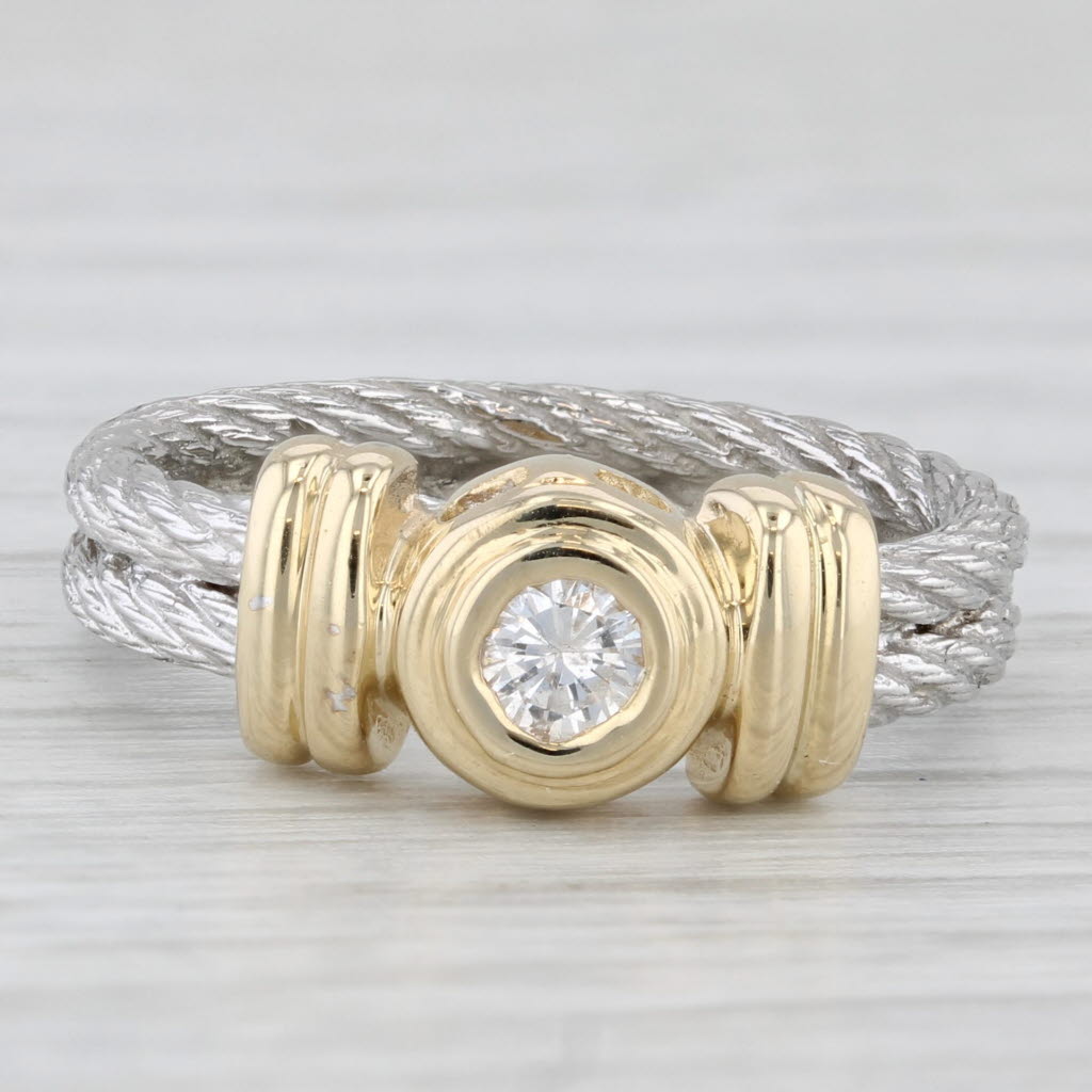 Light Gray 0.17ct Round Diamond Solitaire Cable Ring 14k Yellow White Gold Sz 6 Engagement