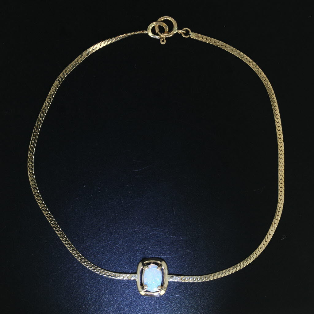 Black Opal Solitaire Bracelet 14k Yellow Gold 6.75" Herringbone Chain
