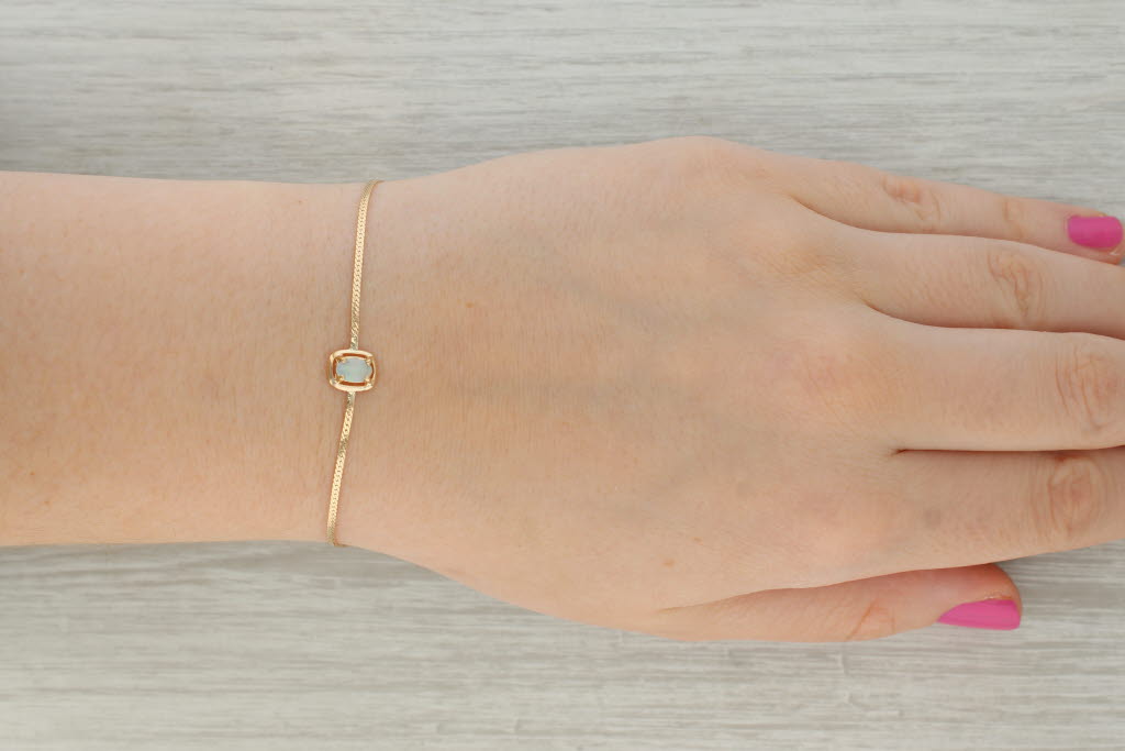Tan Opal Solitaire Bracelet 14k Yellow Gold 6.75" Herringbone Chain