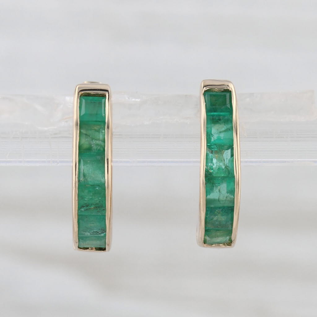 0.90ctw Emerald Hoop Earrings 14k Yellow Gold Hinged Round Hoops Snap Top