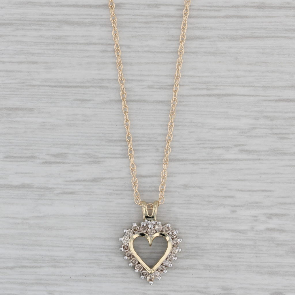 Gray 0.33ctw Diamond Open Heart Pendant Necklace 10k Yellow Gold 18" Rope Chain