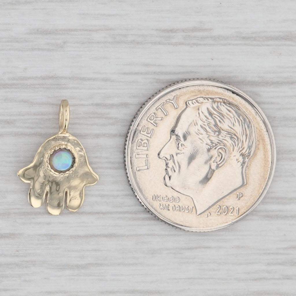 Light Gray Small Hamsa Hand Charm Pendant 14k Yellow Gold Lab Created Opal