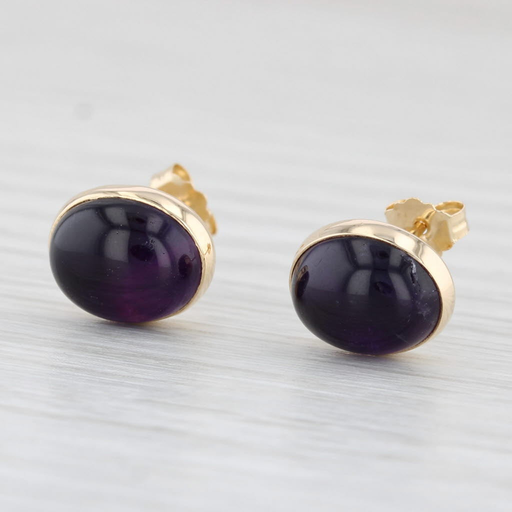 Light Gray Amethyst Oval Cabochon Solitaire Stud Earrings 14k Yellow Gold