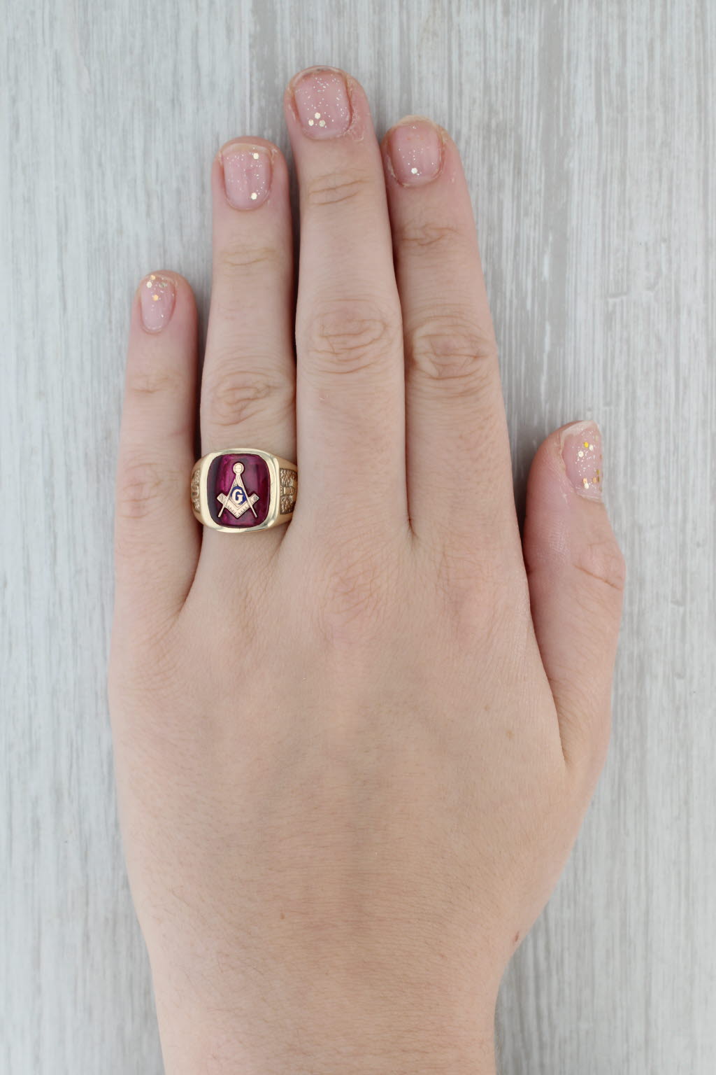 Gray Masonic Signet Ring 10k Gold Lab Created Ruby Blue Lodge Vintage Square Compass