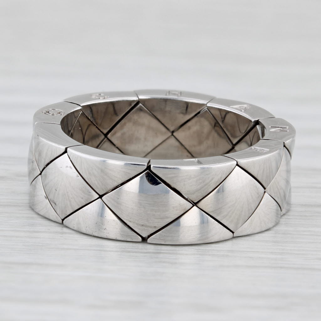 Light Gray Chanel Matelasse Quilted Coco Crush Mesh Band Ring 18k White Gold Size 9.25