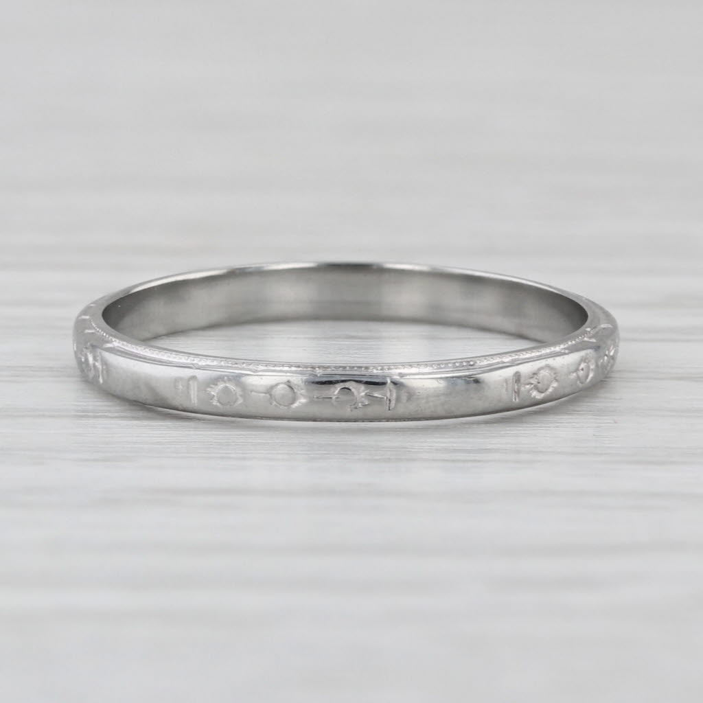 Art Deco Floral Engraved Wedding Band 18k White Gold Stackable Ring Size 6