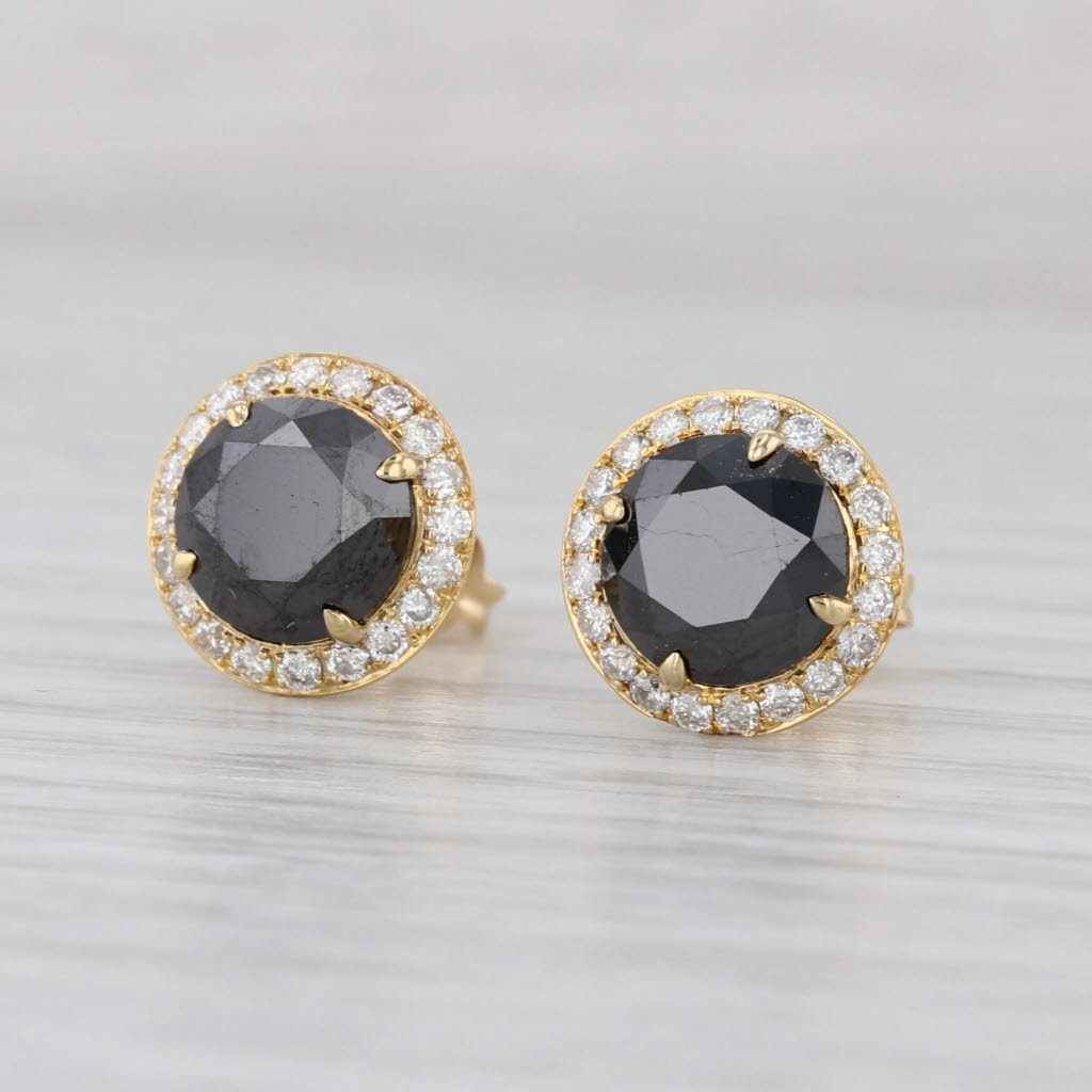 3.55ctw Black White Diamond Halo Stud Earrings 18k Yellow Gold Round Studs