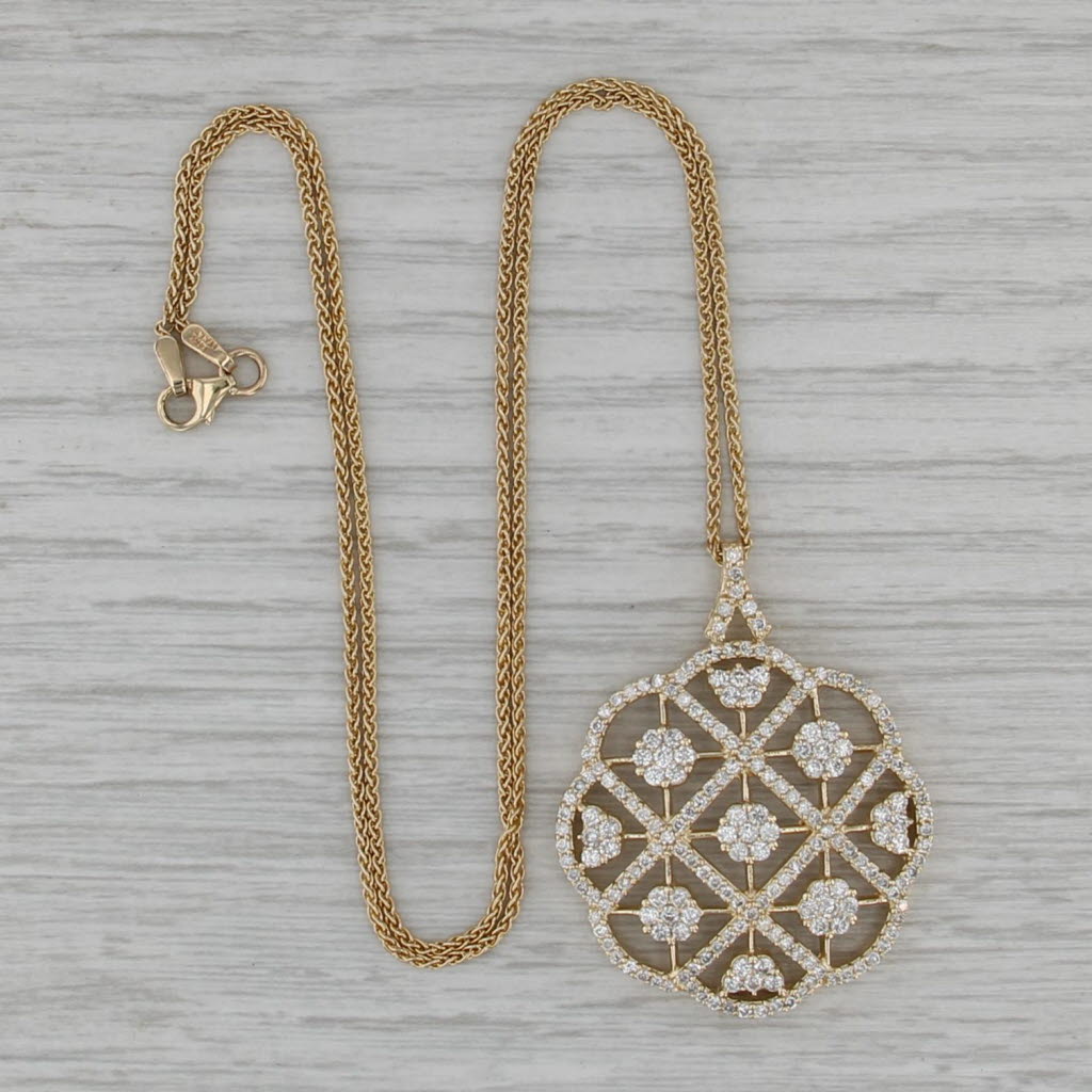 2.08ctw Diamond Openwork Flower Pendant Necklace 14k Gold 18.25" Wheat Chain