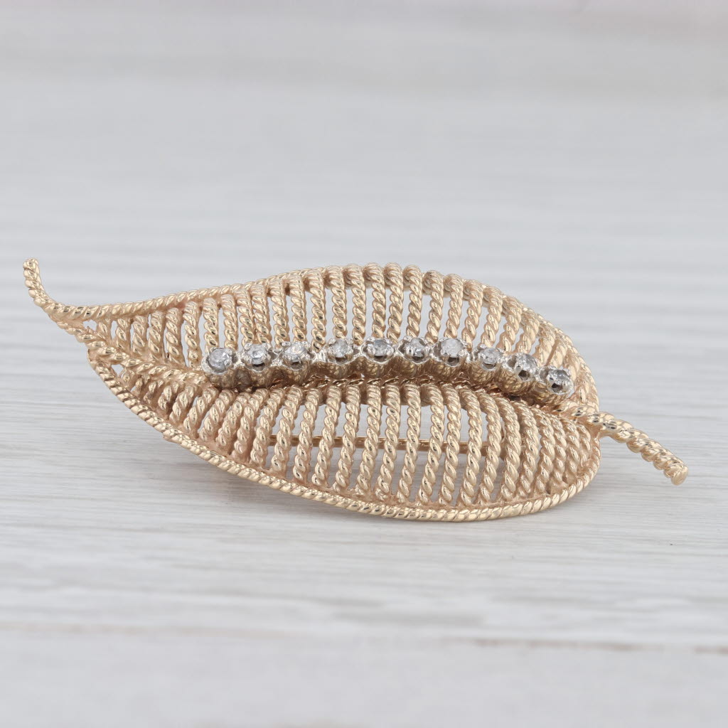 Light Gray 0.15ctw Diamond Filigree Leaf Brooch 14k Yellow Gold Statement Pin