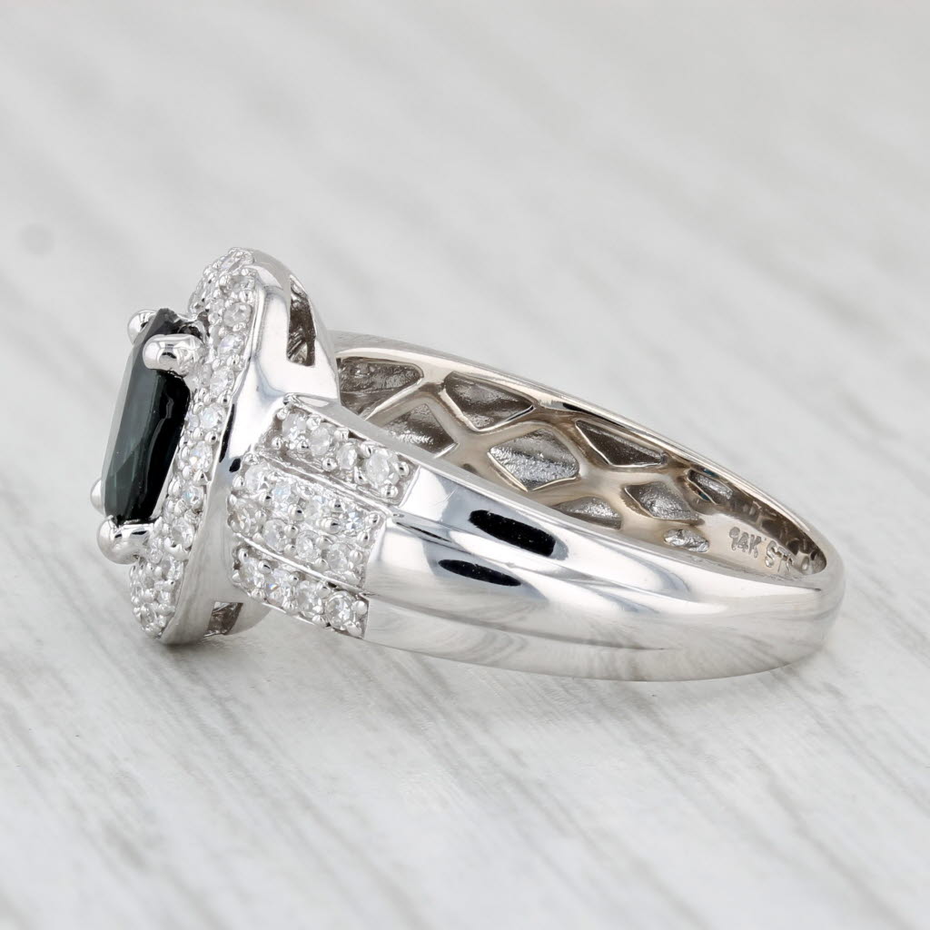Light Gray 1.64ctw Blue Sapphire Diamond Halo Ring 14k White Gold Size 7 Bridal Engagement