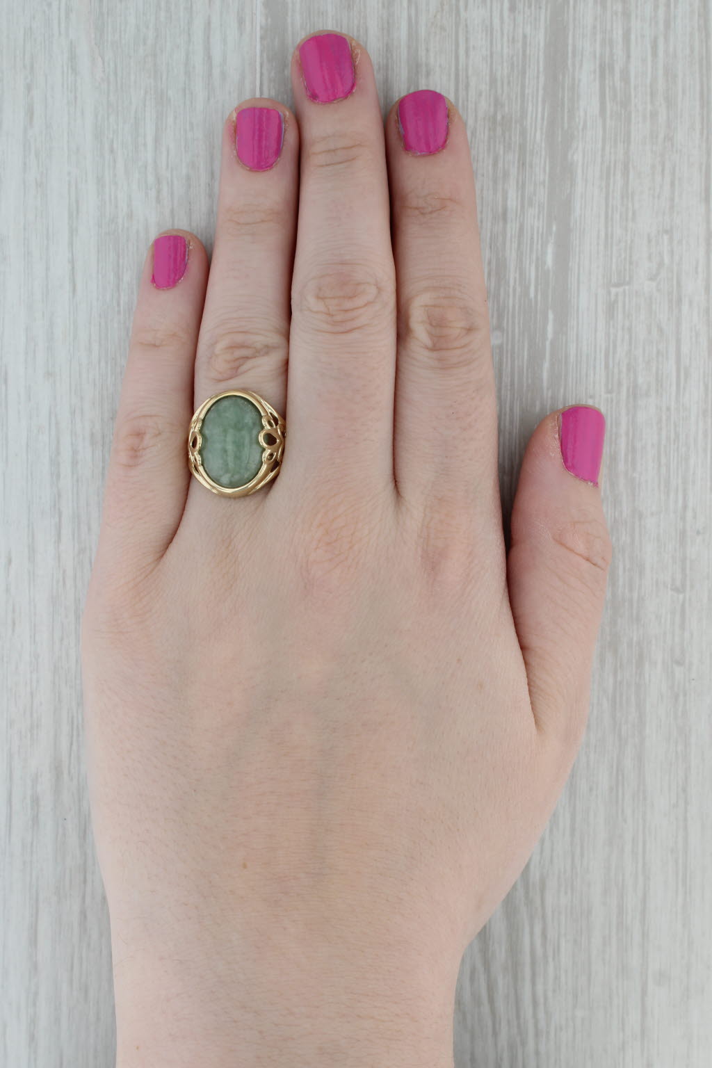 Dark Gray Green Jadeite Jade Ring 14k Yellow Gold Size 9 Oval Cabochon Solitaire