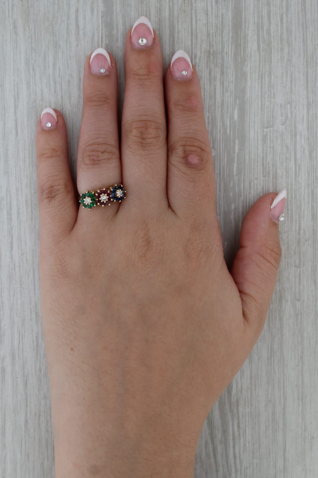 0.89ctw Diamond Emerald Ruby Sapphire Flowers Ring 14k Yellow Gold Size 6.25