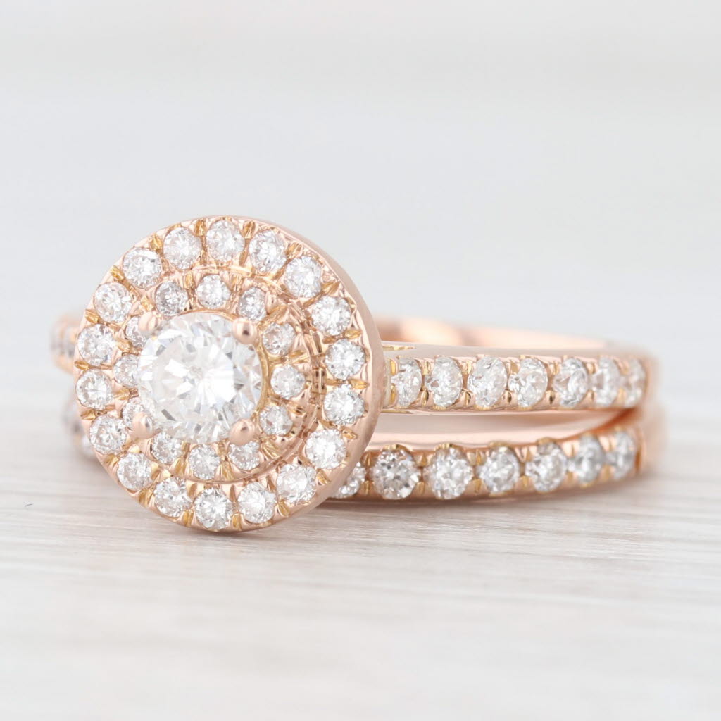 Light Gray 0.87ctw Round Diamond Halo Engagement Ring Wedding Band Bridal Set 14k Rose Gold