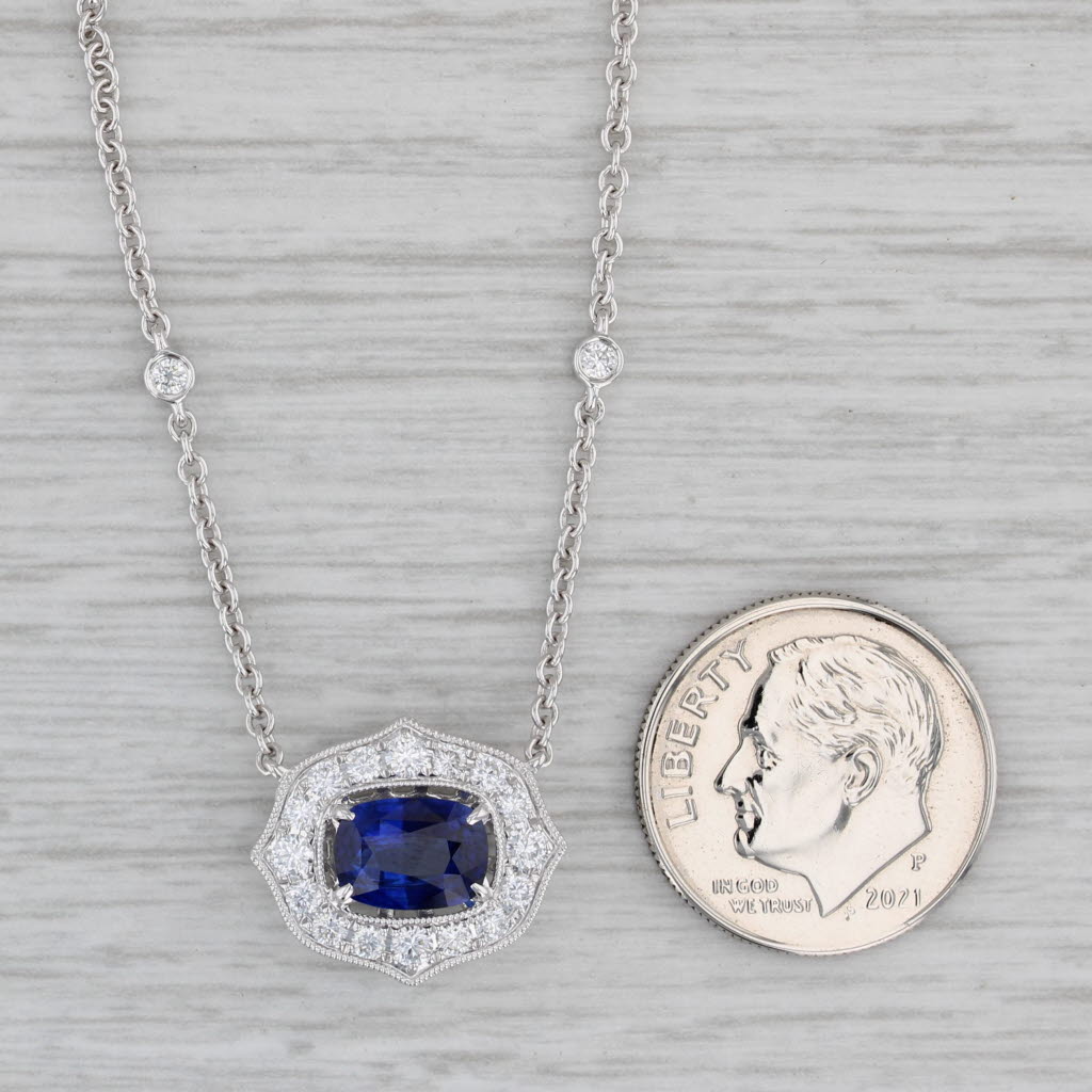 Gray New 1.71ctw Blue Sapphire Diamond Halo Pendant Necklace 18k White Gold 18"