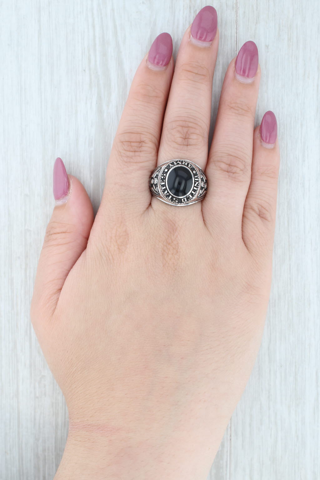 Light Gray United States Army Ring Onyx Sterling Silver Size 9 Military Service Signet