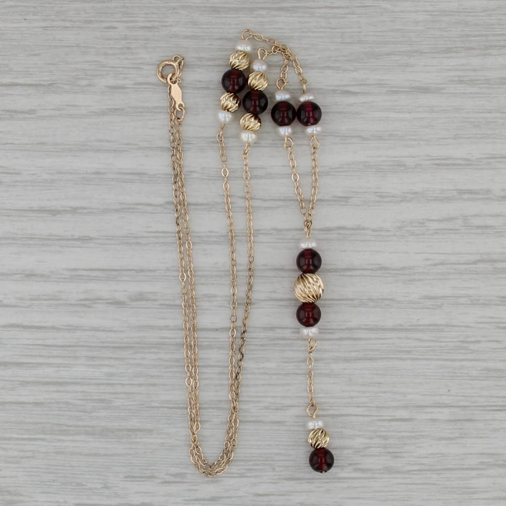 Culture Pearl Garnet Bead Lariat Necklace 14k Yellow Gold 17" Bead Cable Chain