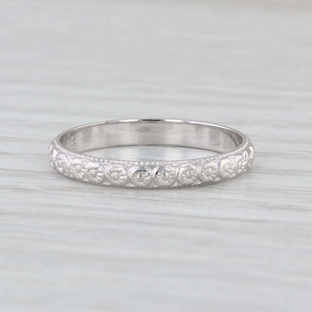 Art Deco Die Struck Floral Pattern Ring 18k White Gold Sz 5.5-5.75 Wedding Band