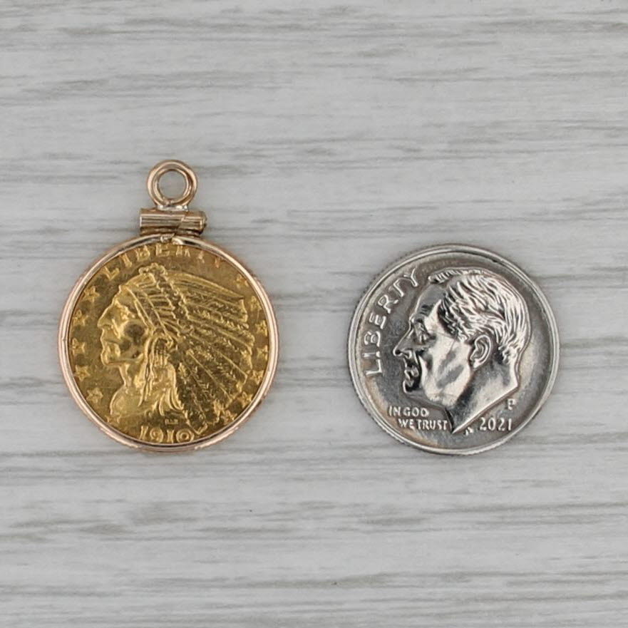 Authentic 1910 2.50 Indian Head Coin Pendant Gold Filled Bezel 900 Gold Coin