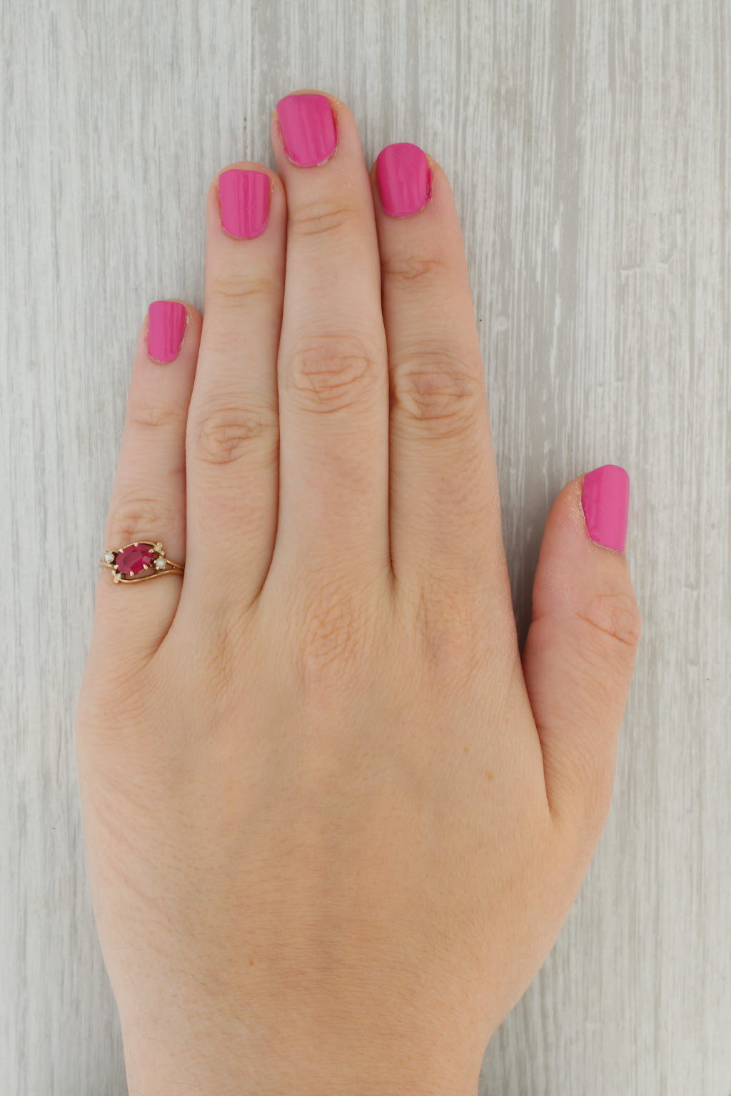 Dark Gray Vintage Oval Lab Created Ruby Pearl Ring 10k Yellow Gold Size 5.5