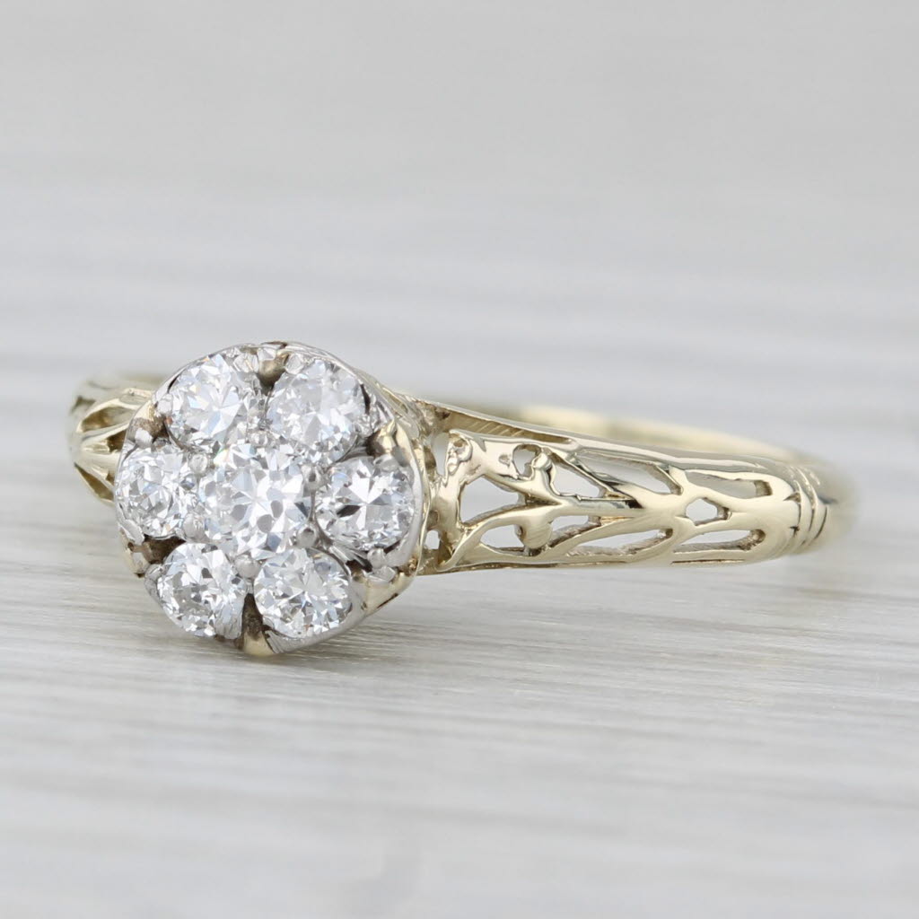 Light Gray Antique 0.26ctw Diamond Flower Cluster Engagement Ring 14k Yellow Gold Size 7.25