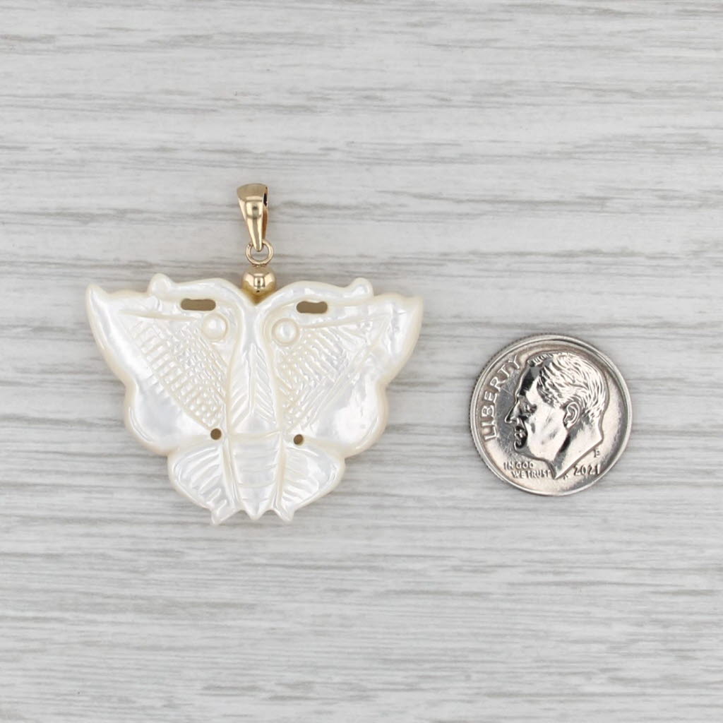 Carved Mother of Pearl Butterfly Pendant 14k Yellow Gold