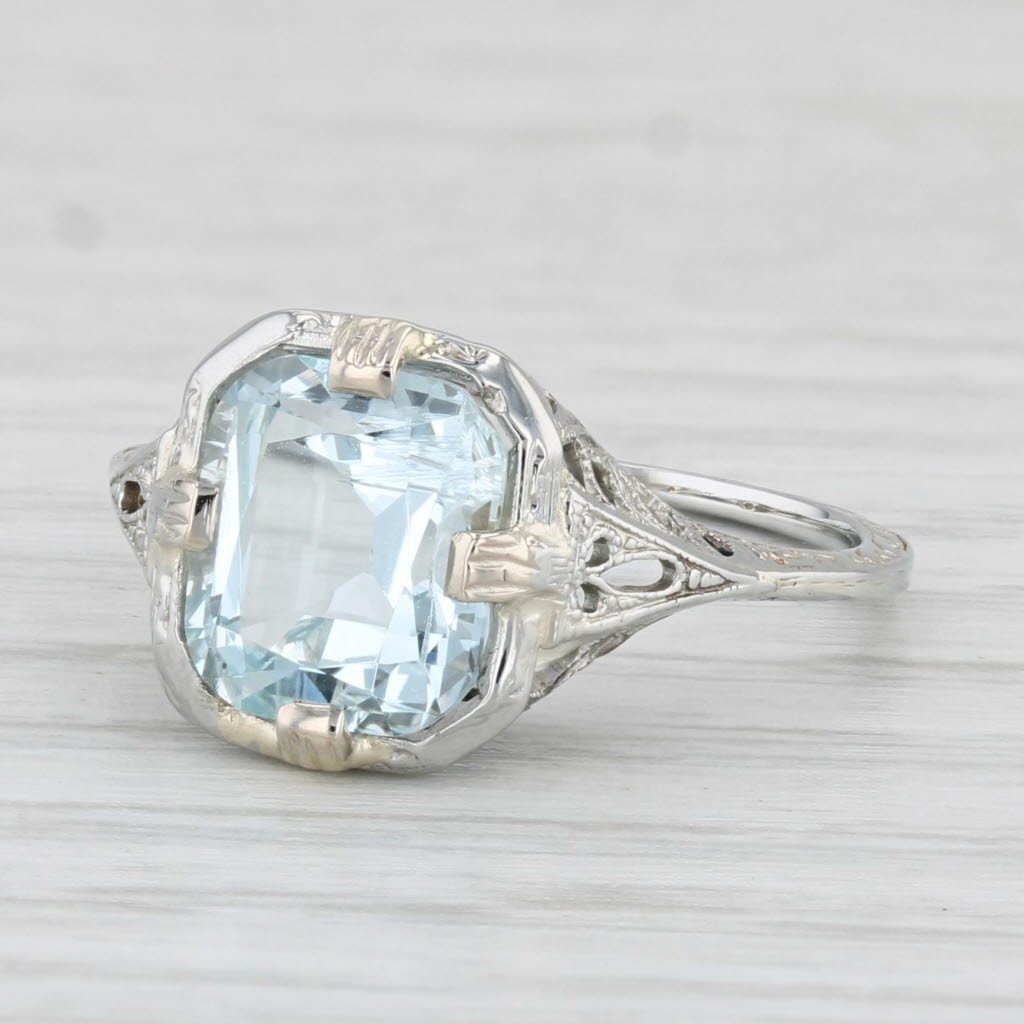 Light Gray Vintage 1.40ct Aquamarine Solitaire Filigree Ring 19k White Gold Size 6.5