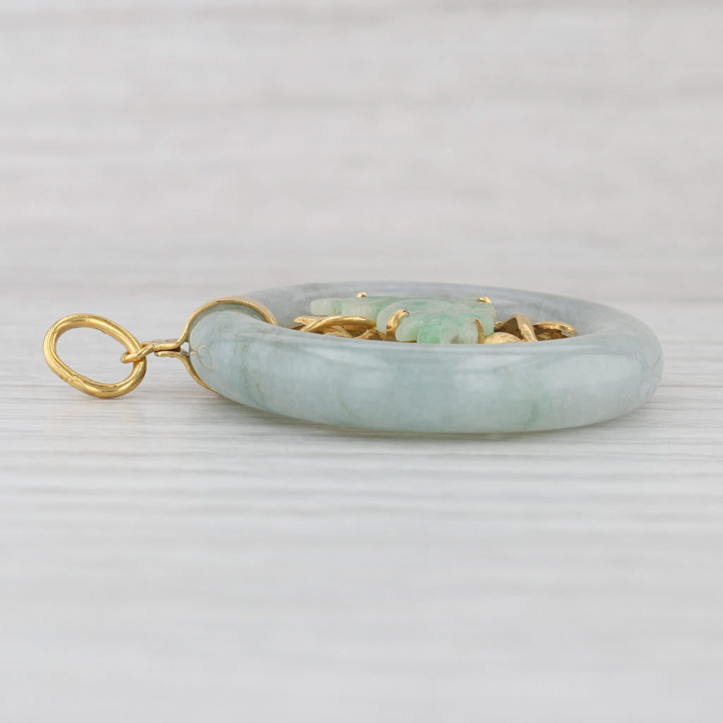 Green Jadeite Jade Carved Bird Hololith Pendant 14k Yellow Gold Vintage Asian
