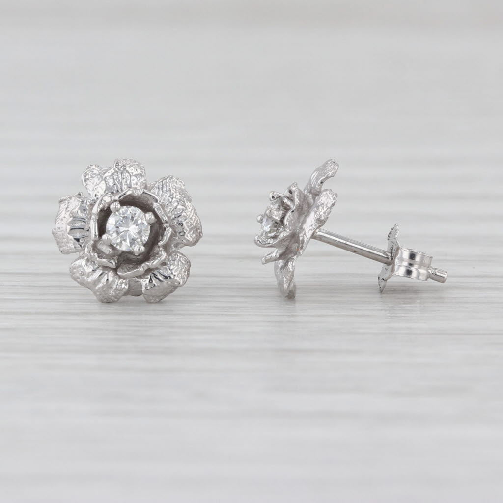 0.15ctw Diamond Flower Stud Earrings 14k White Gold Solitaire Floral Studs