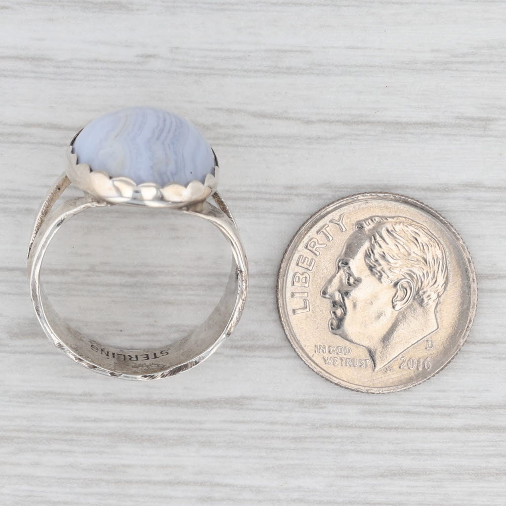 Light Gray Blue Lace Agate Oval Cabochon Solitaire Ring Sterling Silver Size 6.25 Handmade