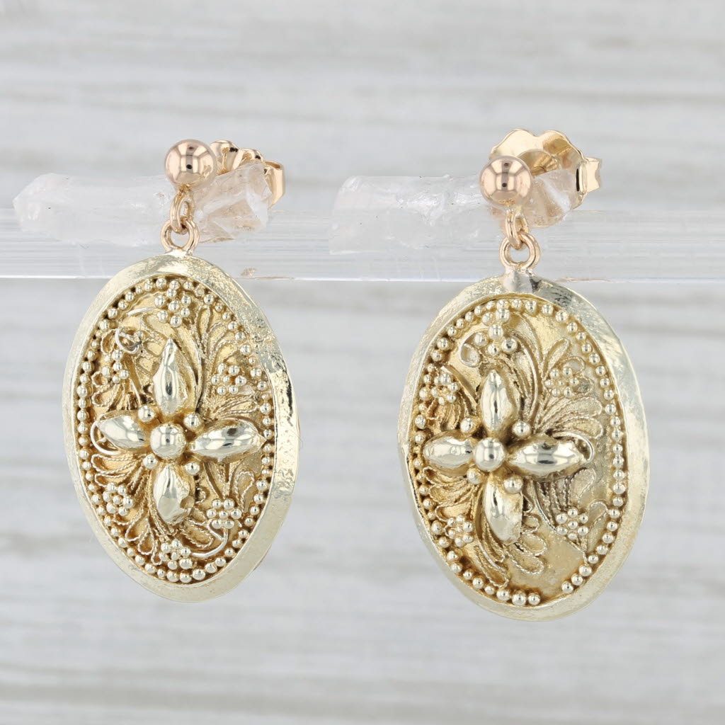 Light Gray Ornate Dangle Earrings 12k Yellow Gold Pierced Drops
