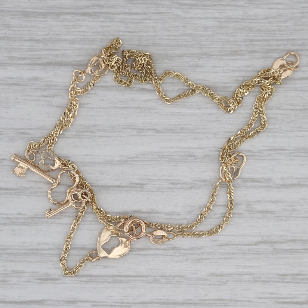 Gray Lock & Key Lavalier Necklace 14k Yellow Gold 17" Singapore Chain