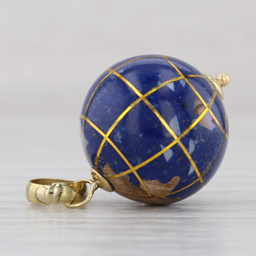 Stone Mosaic Globe Pendant 18k Yellow Gold 3D Spins Charm Mother of Pearl Resin