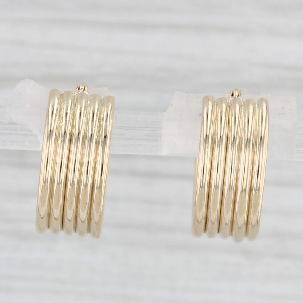 Light Gray Beveled Hoop Huggie Earrings 14k Yellow Gold Snap Top Round Hoops