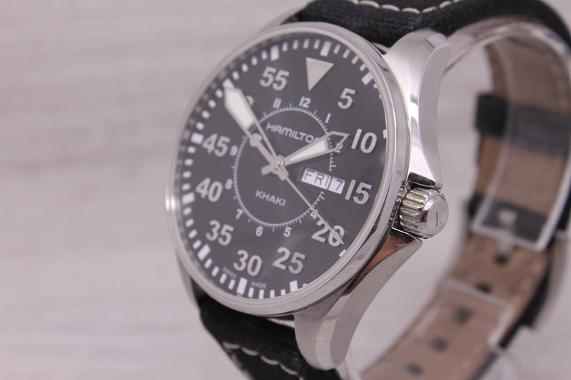 Hamilton Khaki Men’s 43mm Steel Pilots Quartz Watch Day/Date H64110 w Box