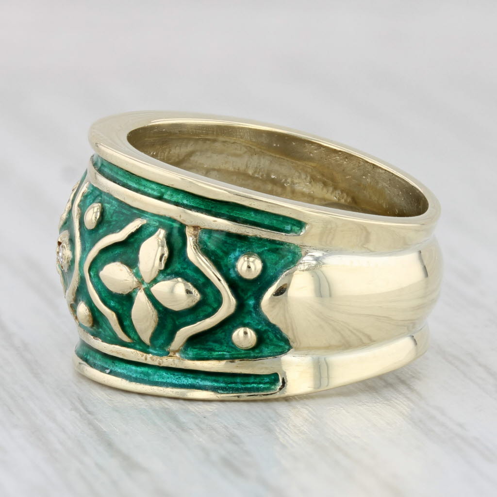 Light Gray Diamond Green Enamel Flower Ring 14k Yellow Gold Size 6.5 Floral Statement Band