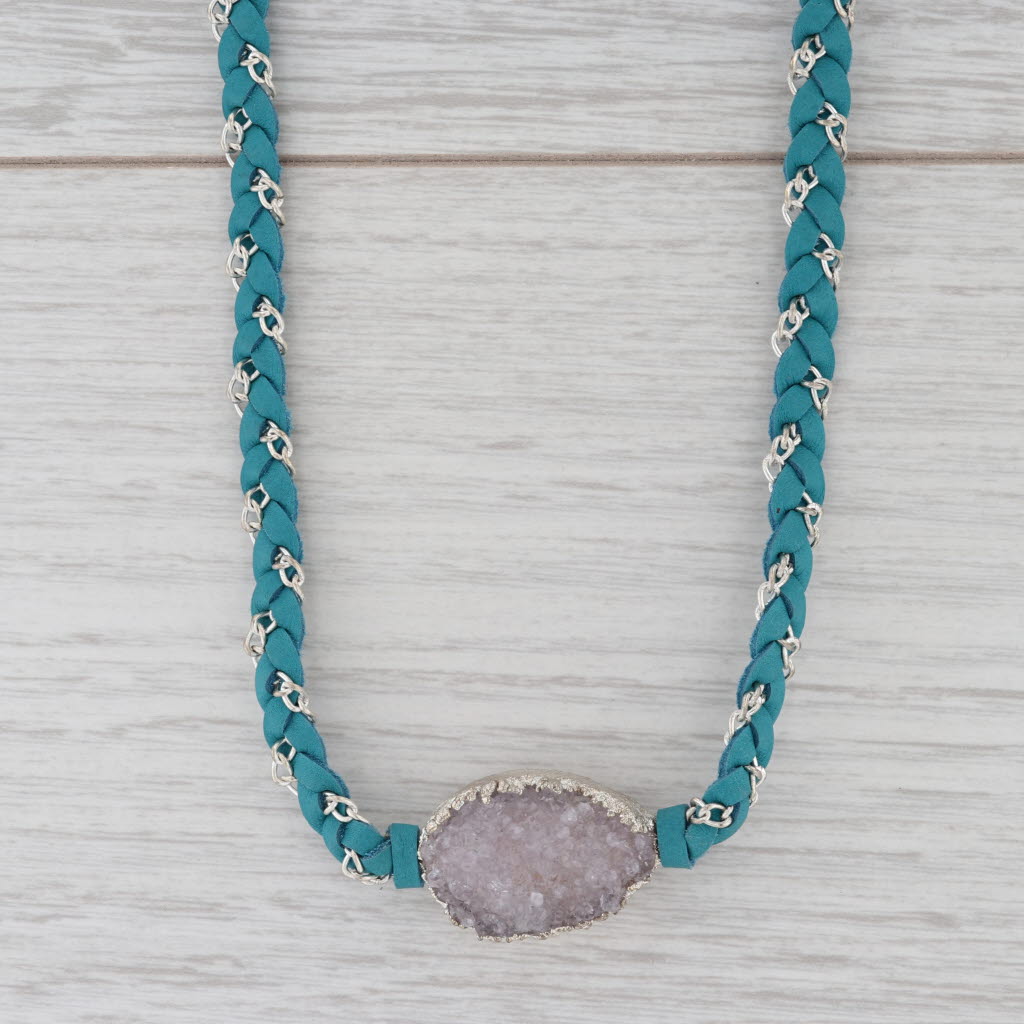 New Nina Wynn Necklace Teal Leather White Druzy Quartz Pendant Cordelia